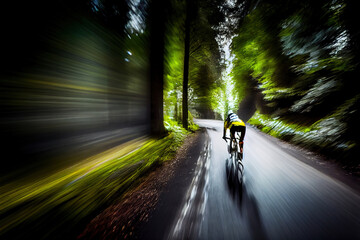 Cyclist on road in forest with motion blur.  
Digitally generated AI image