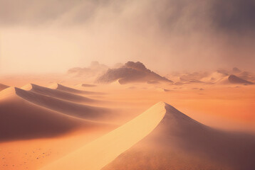Naklejka na ściany i meble Desert sand landscape. Atmospheric scenic imaginary view. Clouds and sandstorm. Generative AI