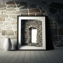  a white vase sitting next to a stone wall with a picture frame on top of it next to a white vase with a plant in it.  generative ai