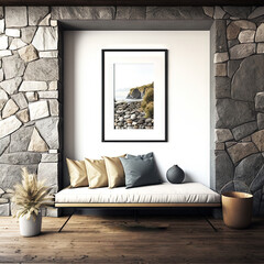  a living room with a stone wall and a white couch and a potted plant on a wooden floor and a framed picture on the wall.  generative ai