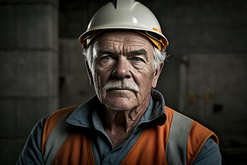 senior worker with helmet in factory portrait looking at camera. Generated AI image