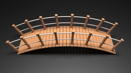 Wooden footbridge white railings isolated on black background. 3d render. Small footbridge. Bridge side view. Arc shape design