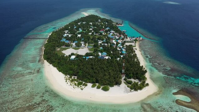 Aerial view of Hangnaameedhoo island, Ari Atoll, Maldives.
