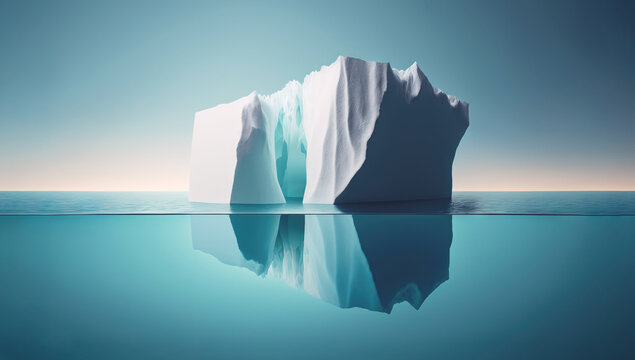 Submerged iceberg in a ocean. Splitwater image of white ice huge lump in water. Antarctic landscape. Generative AI