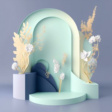 elegant showroom background with a minimal stage podium platform with springtime decoration, flower and gold stuff, luxury product stand, generative ai