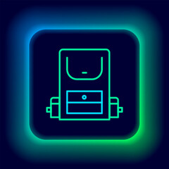Glowing neon line Hiking backpack icon isolated on black background. Camping and mountain exploring backpack. Colorful outline concept. Vector