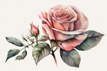 Watercolor Pink Rose Floral clipart, Isolated on white background.