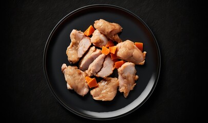  a plate of food that includes meat and carrots on a black tablecloth with a black background with a white border around the plate.  generative ai