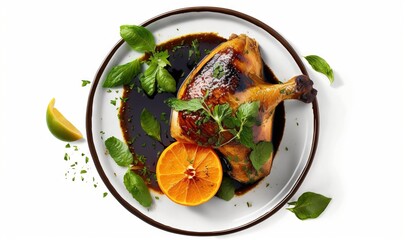  a white plate topped with a chicken covered in sauce and garnished with orange slices and mint leaves next to a slice of lime.  generative ai