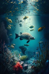 Obraz premium underwater_Landscape with fishes. Generative ai.