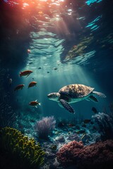 Naklejka na ściany i meble underwater_Landscape with fishes. Generative ai.