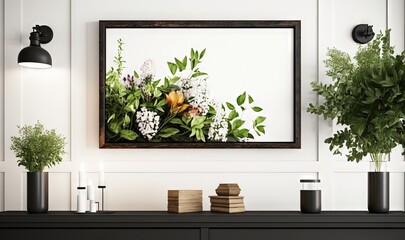  a picture of flowers on a white wall with a black dresser and a black table with a black lamp and a white wall with a picture of flowers on it.  generative ai