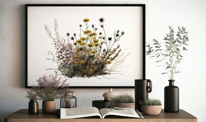  a picture of a bunch of flowers on a table with a book and vases on it and a picture of a plant on the wall.  generative ai