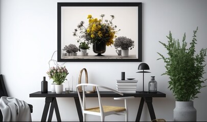  a black and white photo of flowers in vases on a table next to a white chair and a black and white wall with a black frame.  generative ai