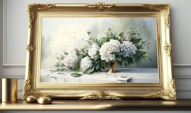  a painting of white flowers in a gold frame on a mantle next to candles and a vase of flowers on a table with a white wall in the background.  generative ai