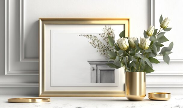  a picture frame with flowers in it next to a vase with a flower in it and a candle on a table with a gold ring.  generative ai
