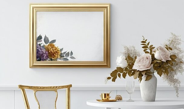  a white table with a vase of flowers and a gold framed picture on the wall above it and a chair with a gold cup on it.  generative ai