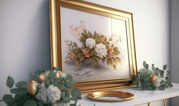  a painting of flowers on a mantle with a vase of flowers on the mantle next to it and a gold frame with flowers on it.  generative ai