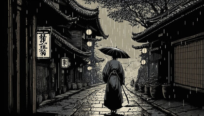 Old Japanese Street, Generative AI, Illustration