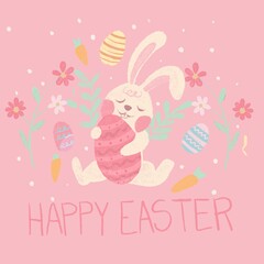 Tarjeta de feliz pascua, conejo de pascua, ilustración con huevos de pascua, flores y zanahoria