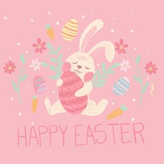 Tarjeta de feliz pascua, conejo de pascua, ilustración con huevos de pascua, flores y zanahoria