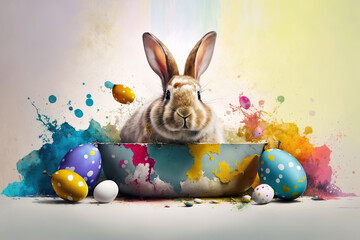 Funny Rabbit broke a hole in a paper background, fluffy eared rabbit, banner with an Easter bunny and falling flying colored Easter eggs, a rabbit jumps out of a torn hole, Generative AI