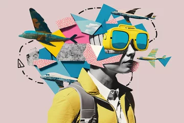 Fotobehang Young woman travel with backpack, planes, travel itinerary, vacation planning, modern art collage, contemporary design, bright bold colors, generative ai © Jannissimo