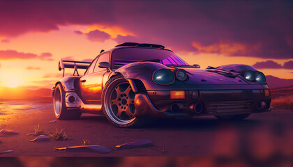 Fototapeta na wymiar 90s retro design with sports car and sunset view