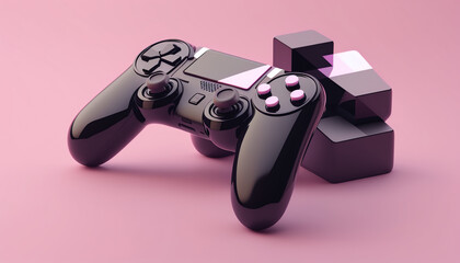 Black standard game controller, joystick, gamepad on a pink background with abstract geometric shapes