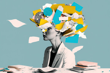 Tired woman working in the office, head full paper explosion, fast-paced life, time management, work-life balance, modern art collage, modern design, Generative AI - obrazy, fototapety, plakaty