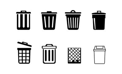 Trash bin or litter box icon collection on black and white theme