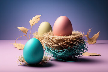 Fototapeta premium Colorful Easter eggs in retro, pop art style. Volumetric image, geometric shapes, pastel bright colors. Generative AI