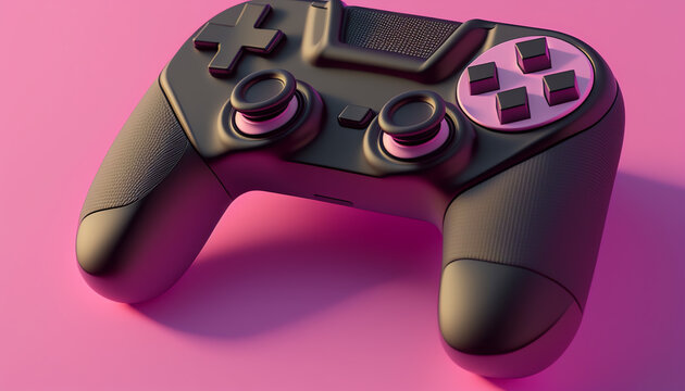 Black standard game controller, joystick, gamepad on a pink background with abstract geometric shapes