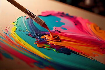 Fototapeta premium A Paintbrush Drawing A Colorful Abstract Painting On A Canvas. Generative AI