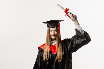 Graduate girl is graduating college and celebrating academic achievement. Happy girl student in...