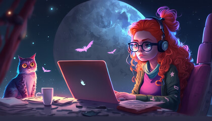 Red - haired happy writer girl in glasses