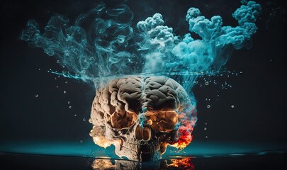 a human skull with smoke coming out of it's side and on the water, on a black background with a reflection of water.  generative ai
