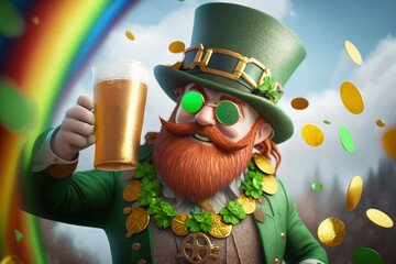Funny red beard leprechaun in a green hat with a shamrock holds beer mug with green ale, extreme luck to find the end of rainbow and pot of gold coins. Generative AI