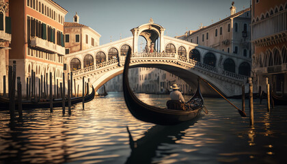 Romantic gondola ride near Rialto Bridge in Venice