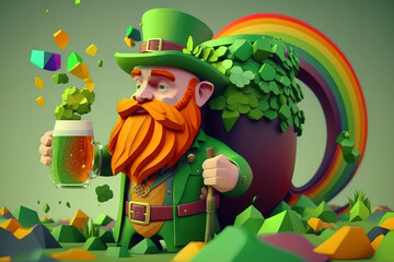 Funny red beard leprechaun in a green hat with a shamrock holds beer mug with green ale, extreme luck to find the end of rainbow and pot of gold coins. Generative AI