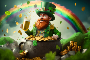 Funny red beard leprechaun in a green hat with a shamrock holds beer mug with green ale, extreme luck to find the end of rainbow and pot of gold coins. Generative AI
