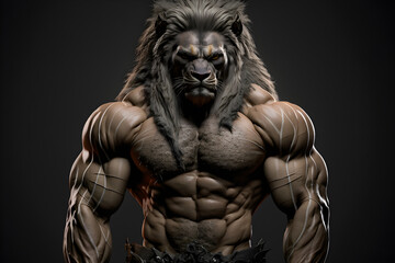 Portrait of a strong male lion in a gym, bodybuilding concept generative ai