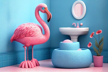 Happy Cute Pink Flamingo In A Blue Ceramic Bathroom With Foam In Home Bathroom. Enjoying And Relaxation. Generative AI