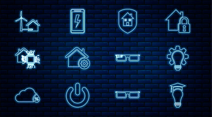 Set line Light bulb and graduation cap, gear, House under protection, Smart home settings, with wind turbine, glasses and Mobile charging battery icon. Vector