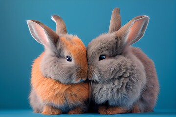 Fototapeta premium Two Cute Fluffy Grey And Orange Bunnies Hugging On A Plain Studio Blue Background. ValentineS Day. Generative AI