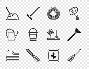 Set line Garden hose or fire hose, Gardening handmade scissor, Shovel the ground, Bucket, Fertilizer bag and rake for leaves icon. Vector
