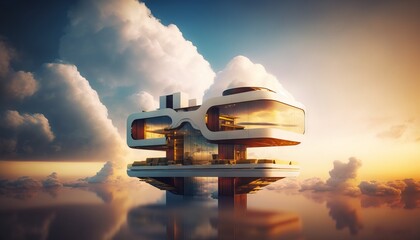 Fototapeta na wymiar Generative AI of virtual reality house in the sky with clouds.