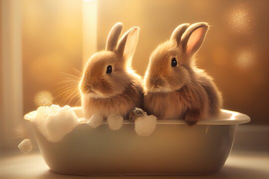 Two Cute Baby Brown Rabbit In The Bathtub, Blurred Light Yellow Background. Generative AI