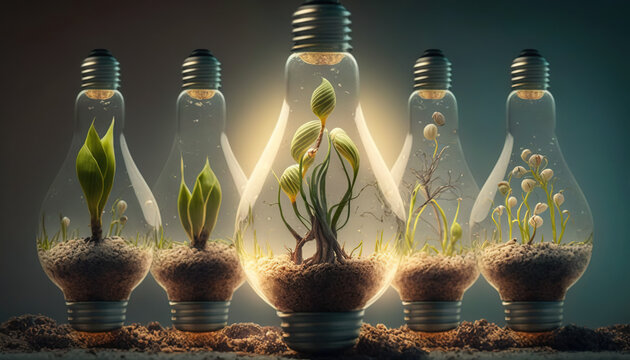 Green energy concept.Environmental protection, renewable, sustainable energy sources.The light on light bulb, AI generation