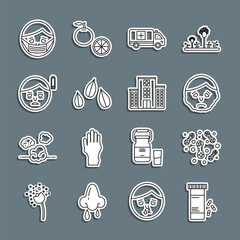 Set line Medicine bottle and pills, Bacteria, Inflammation on face, Emergency car, Sesame seeds, Fatigue, Face protective mask and Medical hospital building icon. Vector